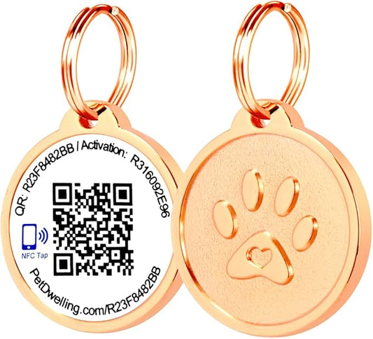 Premium NFC & QR Code Smart Dog ID Tag - Easy Scanning, Instant Profile Access, Real-Time Location Alerts(Rose Gold Paw)