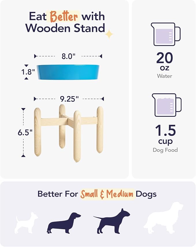 LE TAUCI Ceramic Slow Feeder Dog Bowl Elevated for Small and Medium Breed, With Wooden Stand, 1.5 Cups to Slow Down Eating, Anti-Gulping Pet Feeding Dish, Vortex Blue