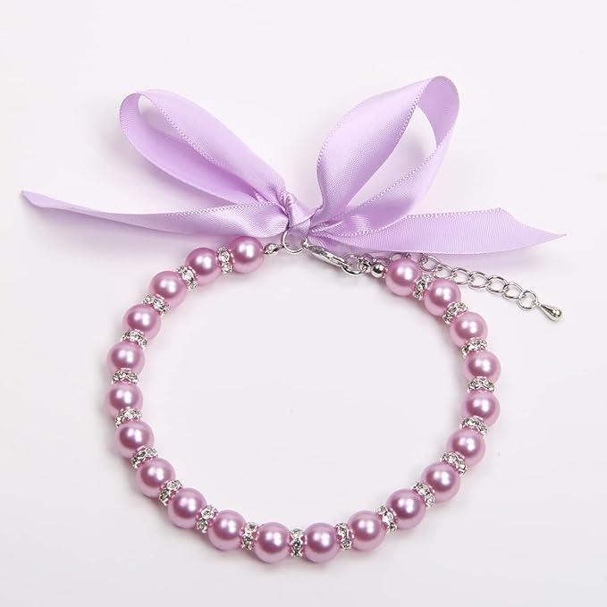 Dog Cat Pearls Necklace Collar with Bling Accessories and Ribbon Bow Pet Puppy Jewelry for Female Dogs Cats Small Medium (XL, Purple)
