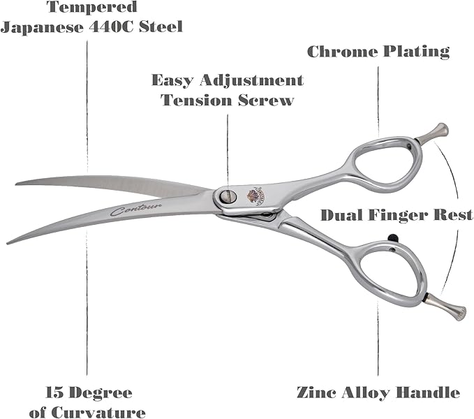 6.25” Contour Curved Shear Pet Dog Grooming Scissors, Patent Grip Design, Easy Adjust, Japanese 440C Tempered Steel, Lightweight, Professional Dog Scissors For Dog Grooming