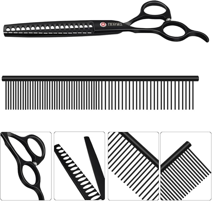 LILYS PET Professional PET DOG Grooming scissors Cutting&Curved&Thinning shears,Round Hole Design, Shark Teeth Thinning scissor (7", Black)