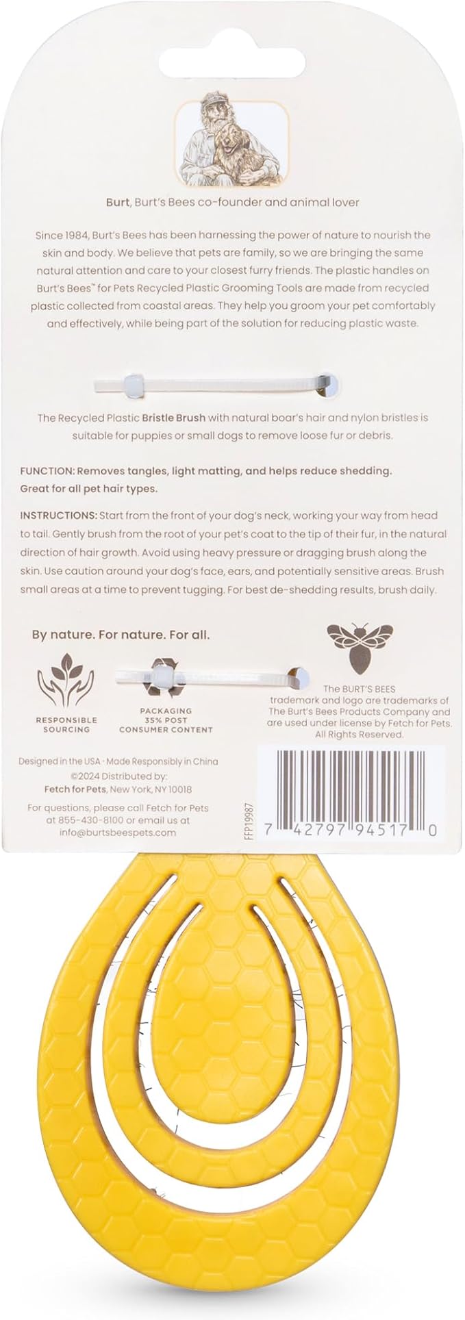 Burt’s Bees for Pets Porcupine Bristle Brush for Puppies and Small Dogs with Handle Made from Recycled Plastics Collected from Coastal Communities | Flex-head Grooming Brush for Dogs