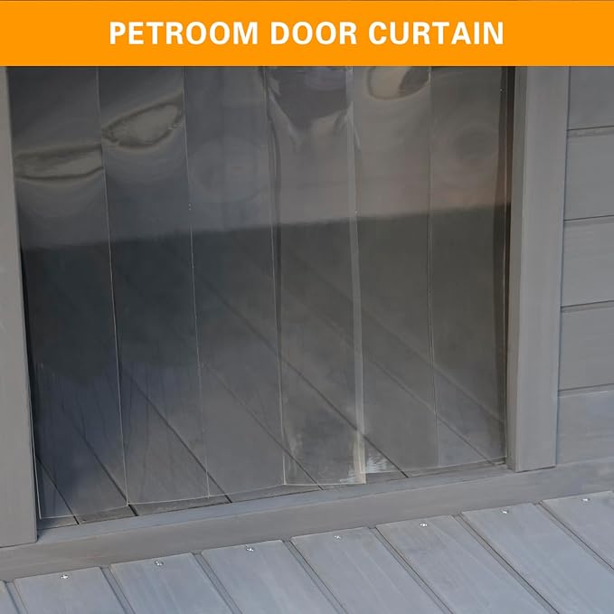 Outdoor Large Dogs House with Spacious Terrace,Open Waterproof Asphalt Roof Dog Kennel W/Breathable Window and Door Curtain,Fir Wood Dog Cage for Large Dogs,Easy to Assemble,Gray