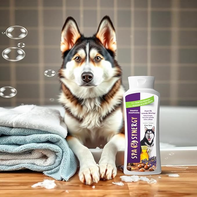 Pet Dog Shampoo Mud and Natural Dead Sea Mineral Rich, Aloe Vera & Vitamin-E, Anti Dandruff, Relief Psoriasis & Eczema, Moisturizing - Argan Oil & Lavender Oil - (1) Bottle 16.5 FL OZ