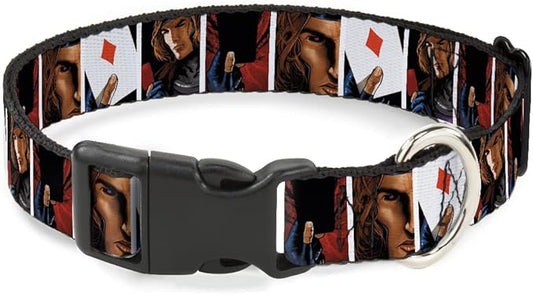 Marvel Comics Pet Collar, Dog Collar Plastic Buckle, X Men Gambit Cards Pose Blocks, 8.5 to 12 Inches 0.5 Inch Wide