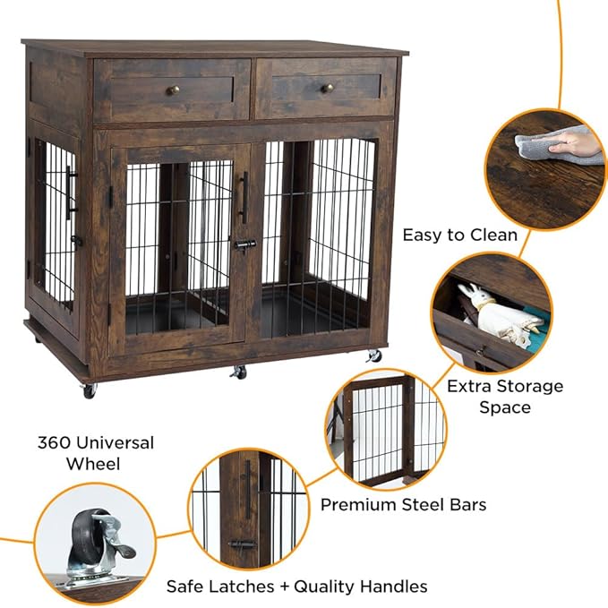 Dog Crate Furniture with Storage,39.4" Large Wooden Dog Kennel Crate End Table with Divider,Dog Cage Dog House Indoor (Rustic Brown)