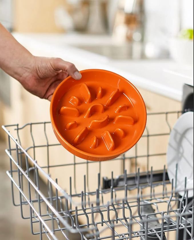 LE TAUCI Ceramic Slow Feeder Dog Bowls Elevated for Small and Medium Breed, Dog Bowls with Wooden Stand, 1.5 Cups Dog Dishes to Slow Down Eating, Anti-Gulping Pet Feeding Dishes, Sun Orange