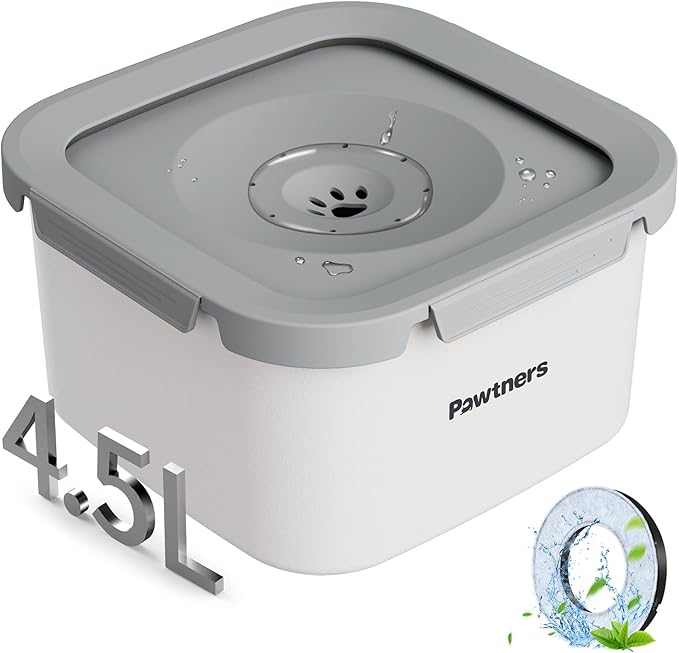 Dog Water Bowl No Spill, 4.5L Stainless Steel Dog Floating Bowl, Slow Water Bowl for Dog with Filter, Non-Slip Base, No Splash Water Bowl for Medium Large Messy Drinkers White