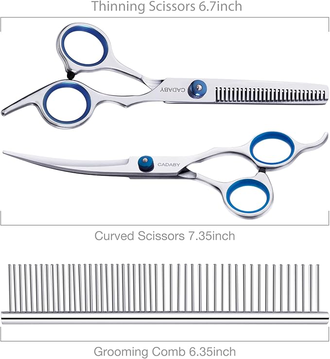 Dog Grooming Scissors,3 in 1 Dog Scissors with Safety Tips, Professional Stainless Steel Thinning Shears, Curved Pet Grooming Scissors Kit