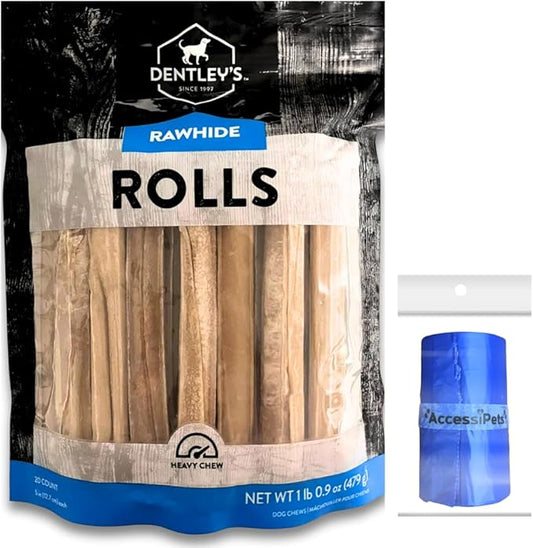 Dog Chews Bundles for Medium Dogs, Extra Tough 5 Inch Rawhide Rolls Bundle with 1 Dog Waste Roll, Natural Long-Lasting Dental Treats for Aggressive Chewers (Beefhide, 20 Count)