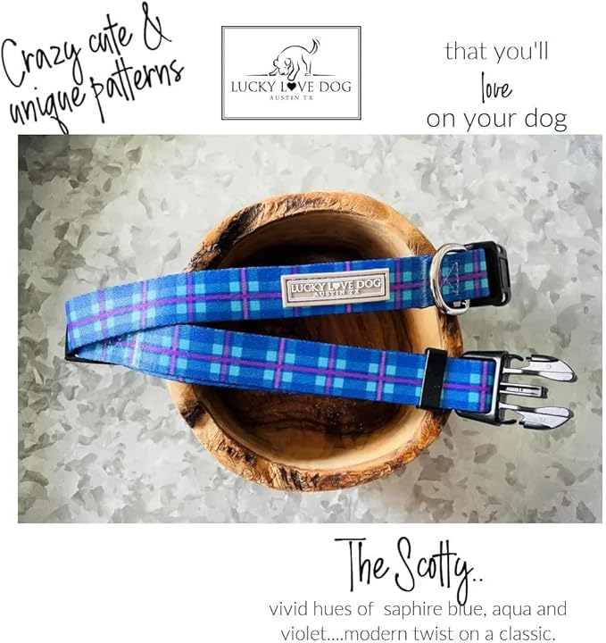 Lucky Love Dog, Blue and Violet Plaid Martingale Dog Collar, Premium No Slip Dog Collar, Martingale Collar for Male Female Dogs - (Large, Scotty Mart)