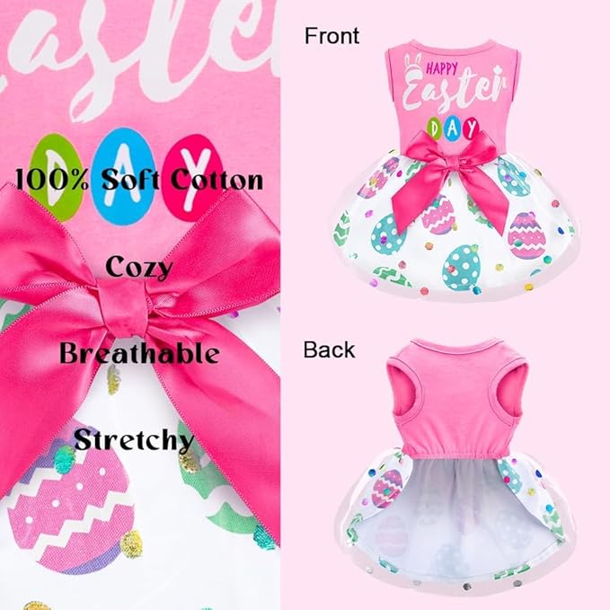 Cute Happy Easter Day Dog Dress Bunny Eggs Easter Dog Cat Clothes Pink Tulle Pet Doggie Apparel Outfit with Bowknot for Small Dogs Puppy Cat Girl Costume