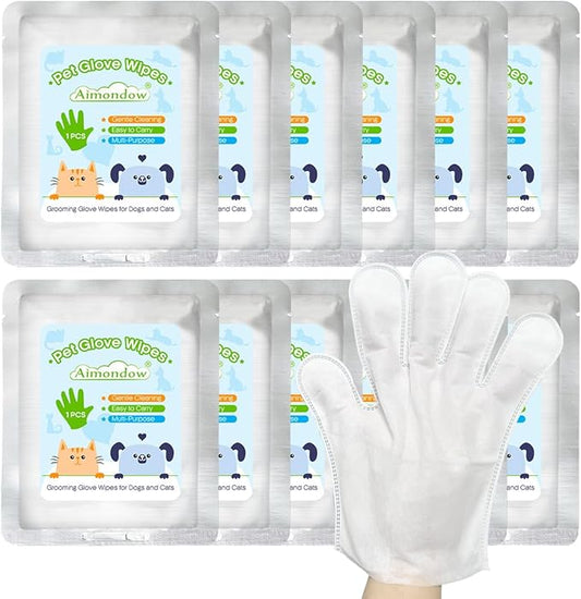 Bathing Wipes Glove for Dogs Cats, 12 PCS Dog Cleaning Glove Wipes with Grooming Fur, Dog Wipes Washing Gloves, Cat Cleaning Grooming Gloves for Daily Care and Traveling