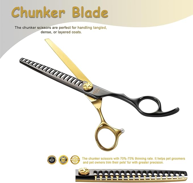 Black & Gold Professional Chunker Dog Grooming Scissors with Decorative Screw Sharp and Durable Japanese 440C Stainless Steel Pet Cat Texturizing Thinner Shears with Safe Round Tip 7.5''