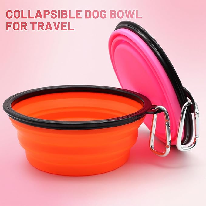 Dog Bowl Pet Collapsible Bowls, 2 Pack Collapsible Dog Water Bowls for Cats Dogs, Portable Pet Feeding Watering Dish for Walking Parking Traveling with 2 Carabiners (Large, Orange+Pink)