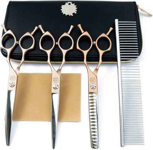 Moontay 6.5" Professional Pet Grooming Scissors Set, 3-pieces Dog Cat Grooming Straight & Curved & Chunker Shears/Scissors with 1 Grooming Comb, 440C Japanese Stainless Steel Grooming Scissor, Gold