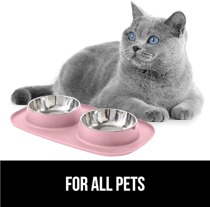 GORILLA GRIP Patent Pending 100% Waterproof BPA Free Cat and Dog Bowls Silicone Feeding Mat Set, Stainless Steel Bowl Slip Resistant Raised Edges, Catch Water, Food, Pet Accessories, 1 Cup, Light Pink