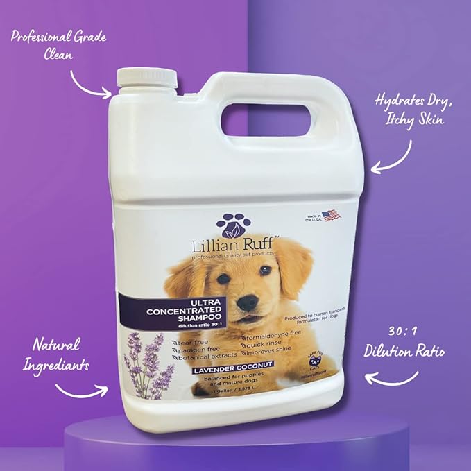 Lillian Ruff High Concentrate Professional Grooming Shampoo for Dogs with Hydrating Essential Oils – 30:1 Concentration for Bathing System - Clean, & Deodorize Dry, Sensitive Skin (Gallon/Pump)