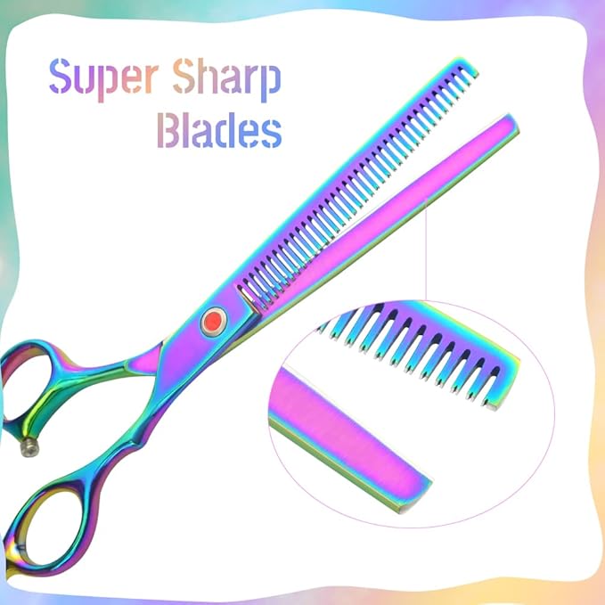 LILYS PET HIGH-END SERIES Japan 440C Stainless Steel Professional Pet Grooming Scissors Set,Rainbow Color,Cutting&Thinning&Two-way Curved shears Set (8.0")