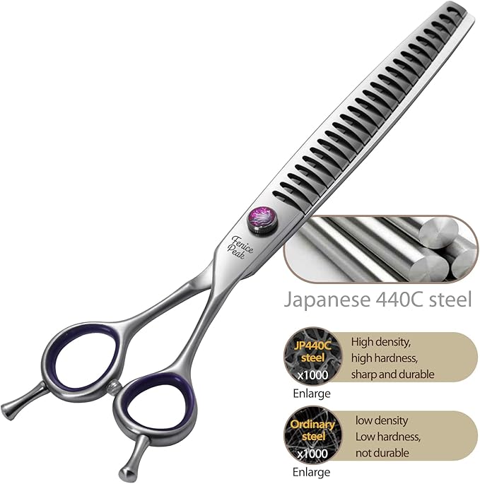 Fenice Peak 7'' Dog Grooming Scissors Set 4PCS Straight Curved Thinning Chunker Shears with Purple Finger Rings and Flashing Screw 440C Stainless Steel Natural Color Trimming Shears Durable and Sharp