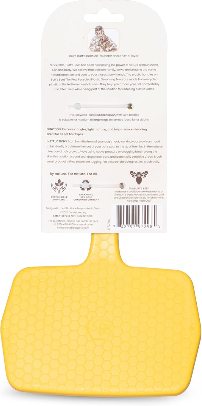Burt’s Bees for Pets Large Slicker Brush for Dogs with Thick or Curly Hair with Handle Made from Recycled Plastics Collected from Coastal Communities | De-Shedding Dog Brush Removes Knots and Matting