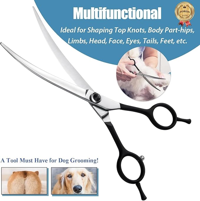 Dream Reach 7" Downward Curved Dog Grooming Scissors for Trimming Face and Paws, Safety Cutting Shears for Pet Dogs and Cats, Professional Pet Grooming Scissors Black
