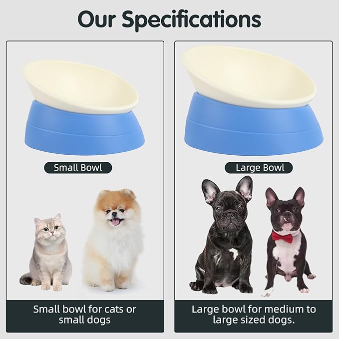 Bulldog Bowl Anti-Slip Dog Cat Dish Detachable Rubber Dog Bowl Pet Sterile Tilted Pet Feeder Slope Base (Blue, 2 Cup (Small/Medium Dog))
