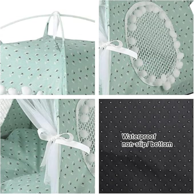 Cat Bed Tents Dog House Indoor Outdoor Lace Mesh Breathable Windows Door Curtains Removable Portable Nest Teepe House (Small,Mint&White)