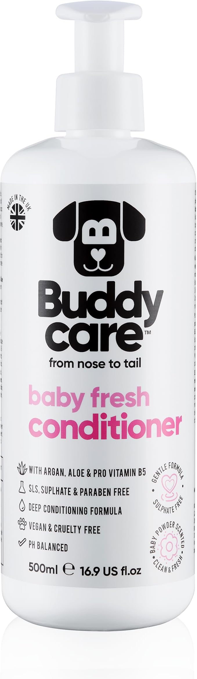 Baby Fresh Dog Conditioner (16.90oz) Made with Aloe Vera, Argan Oil & Pro Vitamin B5 to Detangle Matted Coats & Relieve Sensitive & Itchy Skin, Suitable for Puppies from 8 Weeks, Vegan