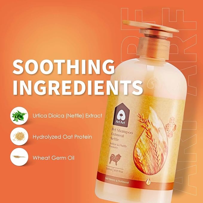 Arf Arf Dog Shampoo Softening Formula, Soften & Fluffy Oatmeal 16oz, Detangling & Coat Protection, Honey-Infused, Pet-Friendly, Ideal for Long Fur, Suitable for All Breeds and Ages - 16oz