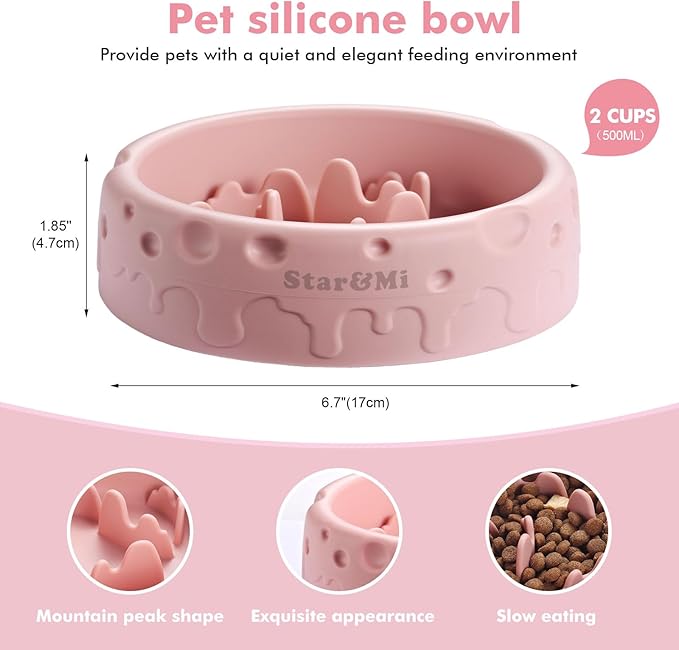 Silicone Slow Feeder Dog Bowls & Cat Bowls, 2 Cups Small Pet Food Bowl with Non-Slip Suction Base, Food-Grade Safe Puzzle Feeder for Small & Medium Dogs & Indoor Cats - Dishwasher & Microwave Safe