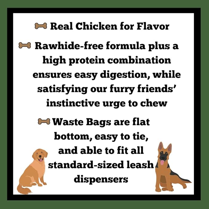 Dog Chews Bundles for Small and Medium Dogs, Rawhide Free Alternative 5 inch Retriever Sticks Bundle with 1 Dog Waste Roll, Dental Treats for Moderate Chewers (Chicken, 10 Count)