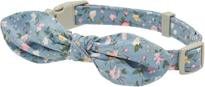 Cotton Dog Collar Soft Lightweight with Hand-Tied Knot Bow for Medium Dogs.(M, Blue Floral)