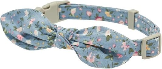 Cotton Dog Collar Soft Lightweight with Hand-Tied Knot Bow for Medium Dogs.(M, Blue Floral)