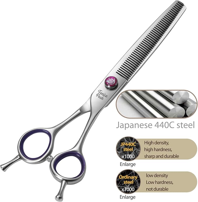 Fenice Peak 7'' Thinning Dog Grooming Scissors with Purple Finger Rings and Flashing Screw Professional 440C Stainless Steel Natural Color Pet Thinning Shears with Offset Handle Durable and Sharp