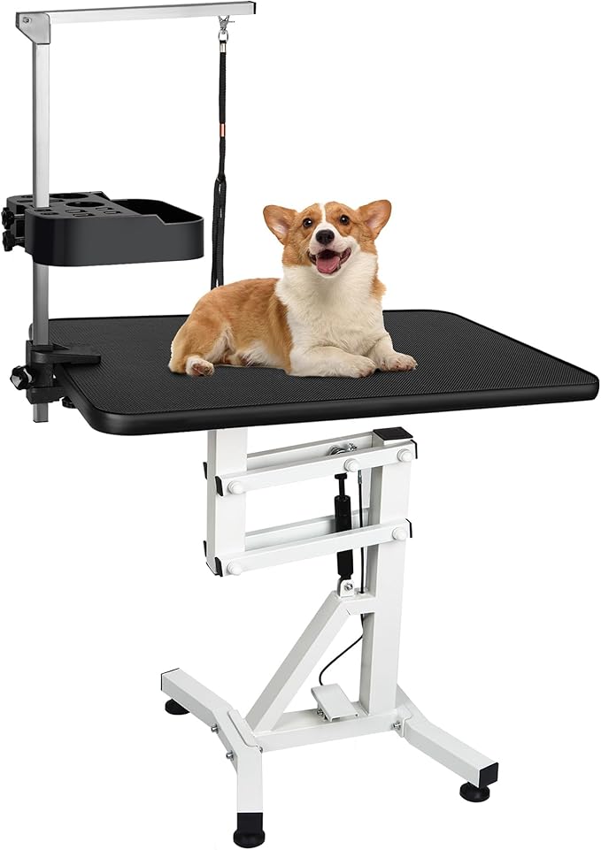 31" Dog Grooming Table, Pneumatic Lift Adjustable Small Pet Trimming Station for Home with Anti-Skid Rubber and Rotatable Desktop （Up to 50lbs）