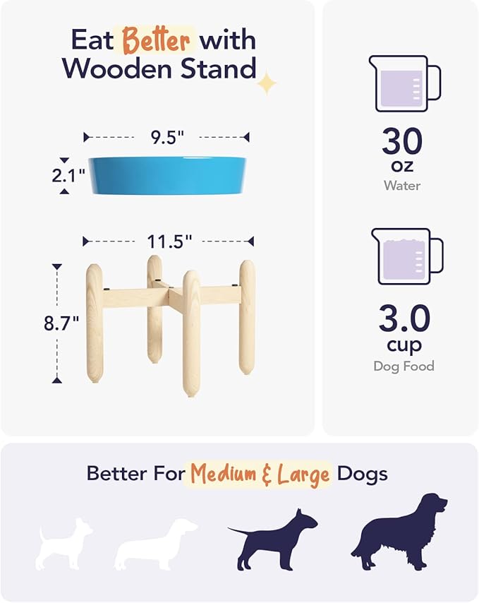 LE TAUCI Ceramic Slow Feeder Dog Bowls Elevated, 3 Cups Raised Dog Bowl with Wooden Stand for Medium Large Breed, Dog Dishes to Slow Down Eating, Puzzle Dog Food Bowl, Vortex Blue