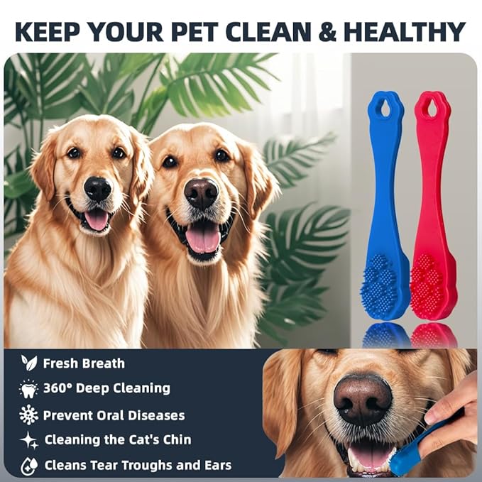 4PCS Dog Bath Brush | Scrubber for Bath | Shampoo Brush | Toothbrush | Finger Toothbrush | Dog Shower/Washing Brush with Adjustable Ring Handle - Pet Bath Supplies (Blue Red)