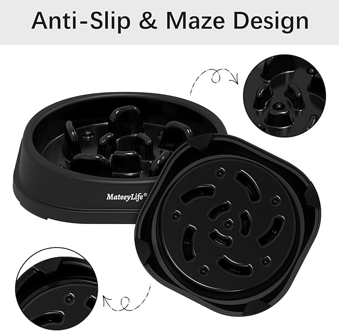 MateeyLife Small Slow Feeder Cat Bowls, Anti-Choking Puzzle Cat Food Bowls, Non Slip Interactive Dog Feeding Slow Down Eating, Bloat Stop Maze Dishes Dog Feeder for Small Breeds 1 Cup Black