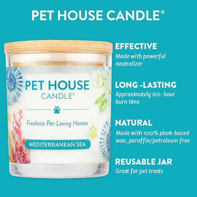 One Fur All Pet House Candle 2 Pack - Plant-Based/Soy Candle - Clean Burning Scented Candles, Long Lasting Pet Odor Candle for Home - Mediterranean Sea