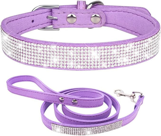 Bling Small Dog Collar Leash Set, Puppy Collar with Rhinestone Crystal Diamond Glitter Female Girls Cat Collars for XXS XS Small Medium Large Dogs Chihuahua Poodle Yorkshire (Purple L)