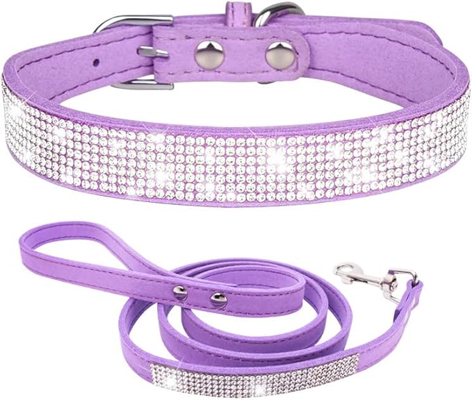 Bling Small Dog Collar Leash Set, Puppy Collar with Rhinestone Crystal Diamond Glitter Female Girls Cat Collars for XXS XS Small Medium Large Dogs Chihuahua Poodle Yorkshire (Purple XS)