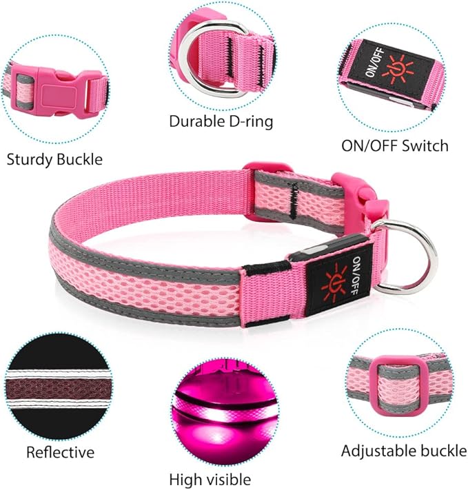 BSEEN Light Up Dog Collar - Reflective LED Dog Collar Light, Adjustable Glowing Puppy Collar, Rechargeable Dog Camping Gear Dog Walking Lights for Small Medium Large Dogs (Small, Pink Ⅱ)