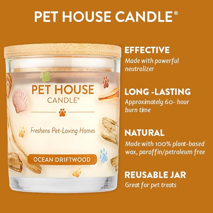 Pet House 9 oz Ocean Driftwood Scented Pet Odor Candle, Clean Burning, Long Lasting, Plant Based Spring, Summer Scented Soy Candle, 60 Hour Burn Time