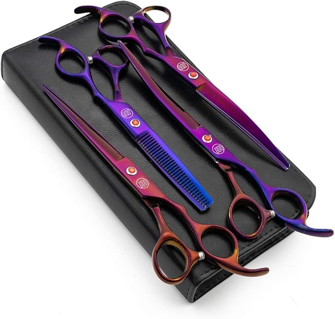 Moontay Professional 7.0" Dog Grooming Scissors Set, 4-pieces Straight, Upward Curved, Downward Curved, Thinning/Blending Shears for Dog, Cat and Pets, JP Stainless Steel, Purple