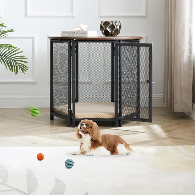 beeNbkks Hexagon Dog Crate Furniture for Small Dogs with Removable Cushion, Walnut Finish Pet Furniture, Stylish Functional Dog Crate End Table, Removable Washable Cushion Cover, Ideal for Home Décor