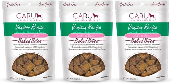 Caru - Soft n’ Tasty Baked Bites - Venison Bites Dog Treats - Flavorful Training Treats - 3.75 oz Bags - Pack of 3