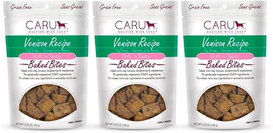 Caru - Soft n’ Tasty Baked Bites - Venison Bites Dog Treats - Flavorful Training Treats - 3.75 oz Bags - Pack of 3