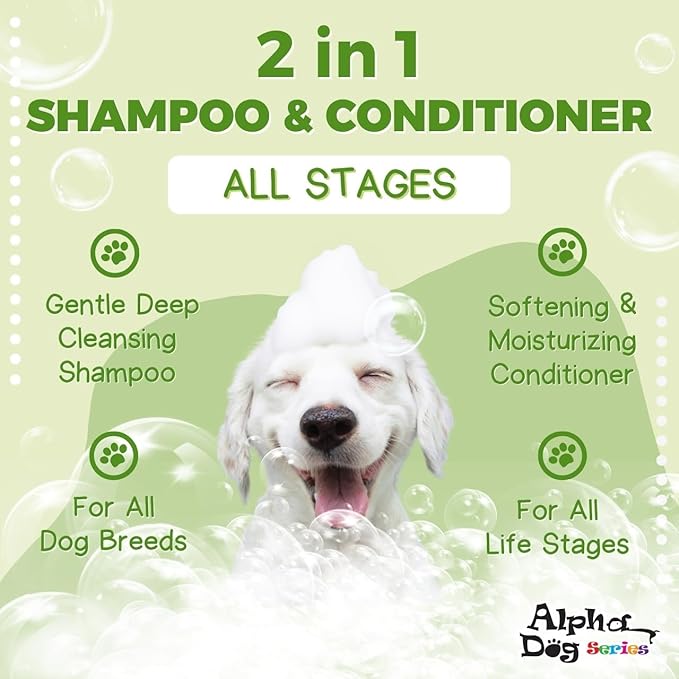 Alpha Dog Series All Stages Dog Grooming Natural Dog Shampoo and Conditioner with Aloe Vera, pH balanced Shampoo for Dogs, Tear-Free, Moisturizing Dog Shampoo for Sensitive Skin - 26.4 Oz