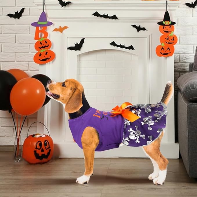 Funny Puppy Dress with Bow - Small/Large Dog Halloween Costume - Pumpkin Witch Bat Pet Dress (Small, Good Witch2)